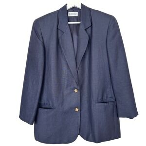 Lands' End Womens 12 Petite Blazer Navy Blue Linen Rayon Blend Two-Button Jacket